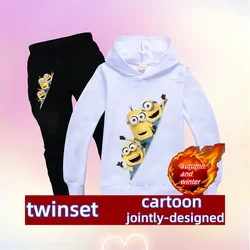 Pocket Minions print Autumn winter long sleeve sweatshirt hoodie men and women Kawaii casual top + pants