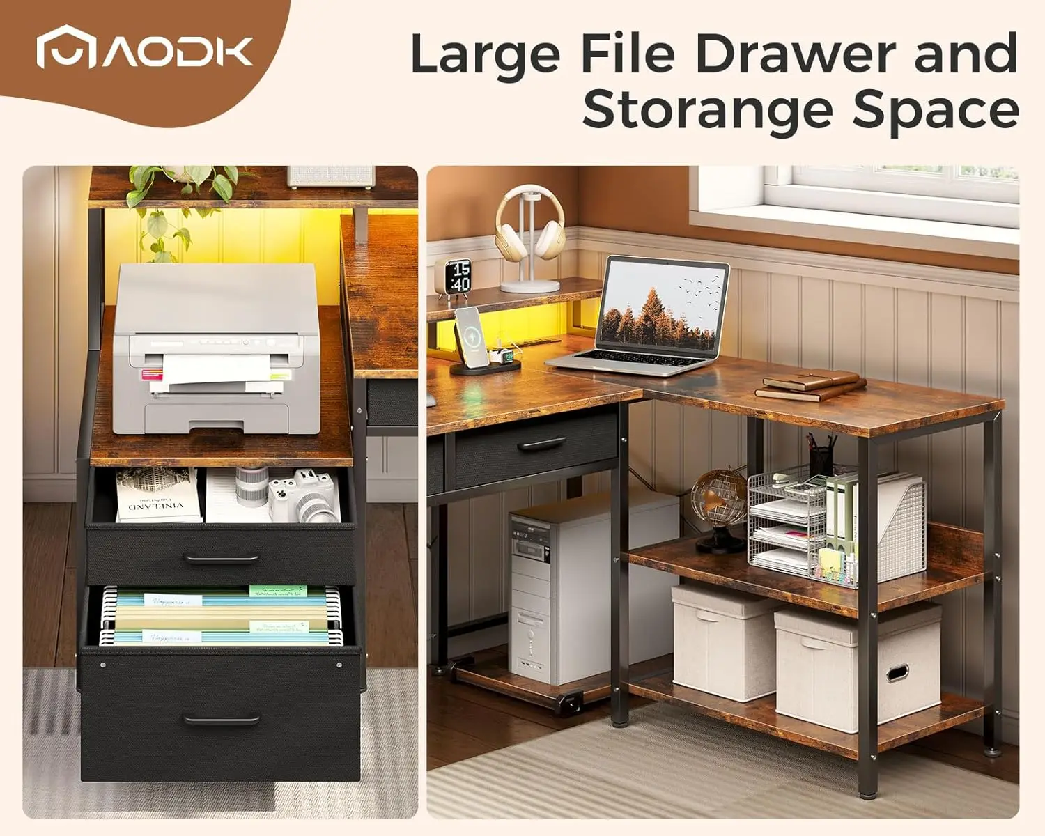 مكتب على شكل حرف L مع 5 أدراج، مكتب كمبيوتر قابل للعكس مقاس 75 بوصة، مخرج طاقة، شريط LED، رف شاشة، أرفف تخزين، مكتب ألعاب