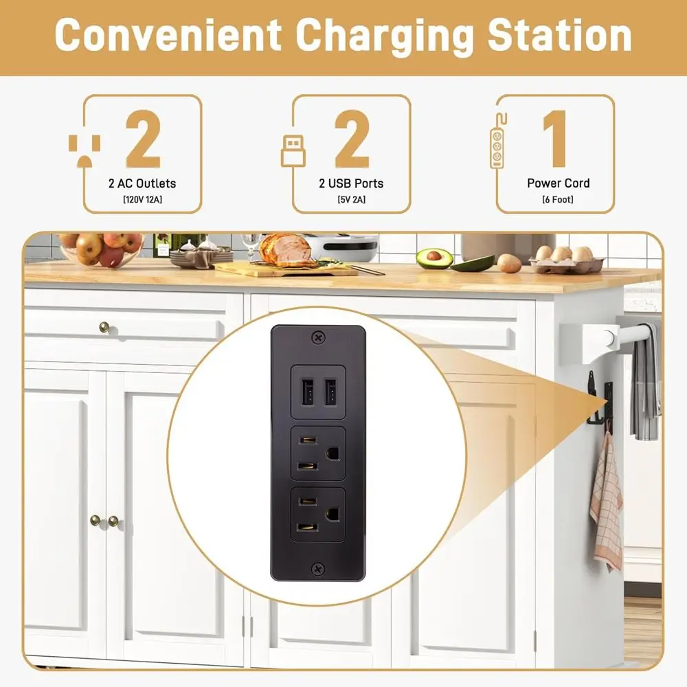 جزيرة مطبخ متنقلة مقاس 59.1 بوصة مع أوراق شجر متدلية ومخرج طاقة وخزانة تخزين وأدراج ورف توابل وبار المناشف وخطاف جراج i #5