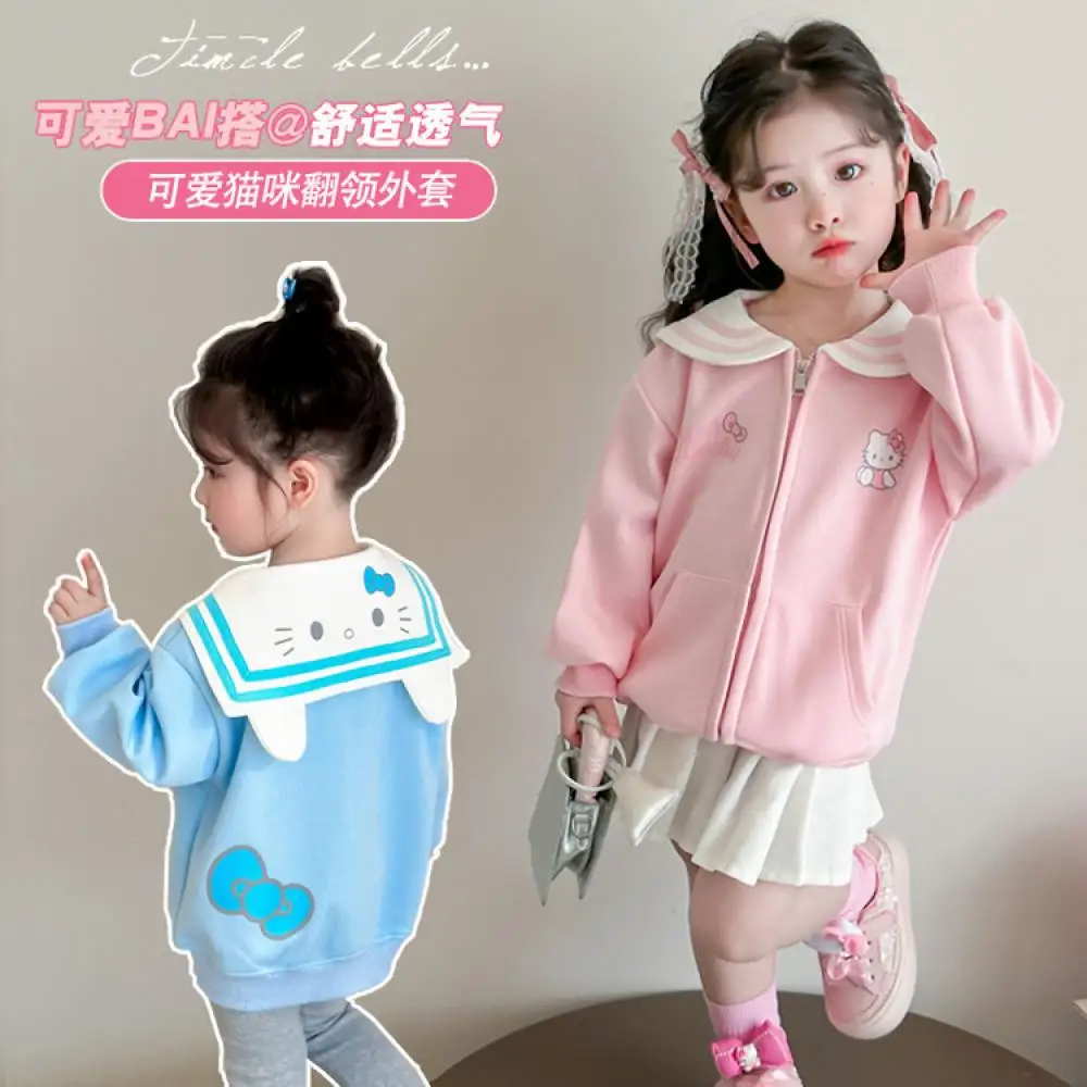 

Детские топы с рисунком Hellokitty для девочек, весенне-осенние удобные стильные милые топы с лацканами Sanrio в стиле аниме, милые топы для спорта на открытом воздухе и отдыха, подарок