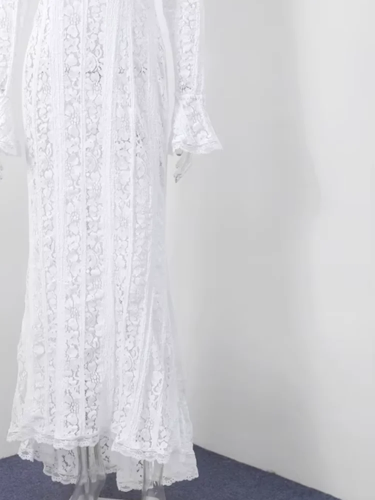 

Elegant Women Lace Slim Fit Dress Chic Off Shoulder Long Flare Sleeve Backless Lace Up Hollow Out Robe Summer Lady Evening Gowns
