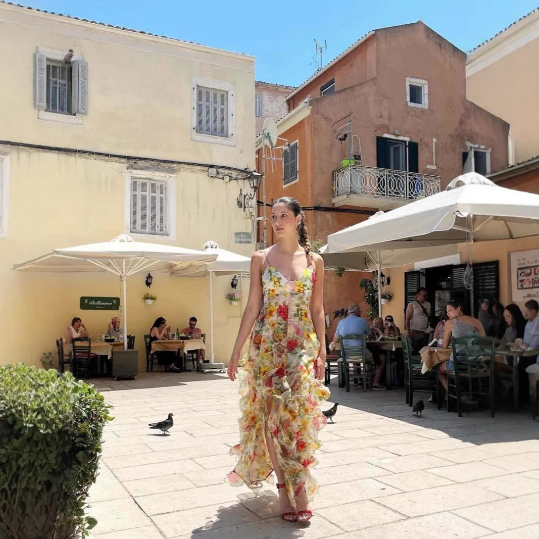 Summer New 2025 Women Sexy V Neck Backless Flower Chiffon Maxi Gowns Dress Split Celebrity Cut Out Beach Maxi Dress