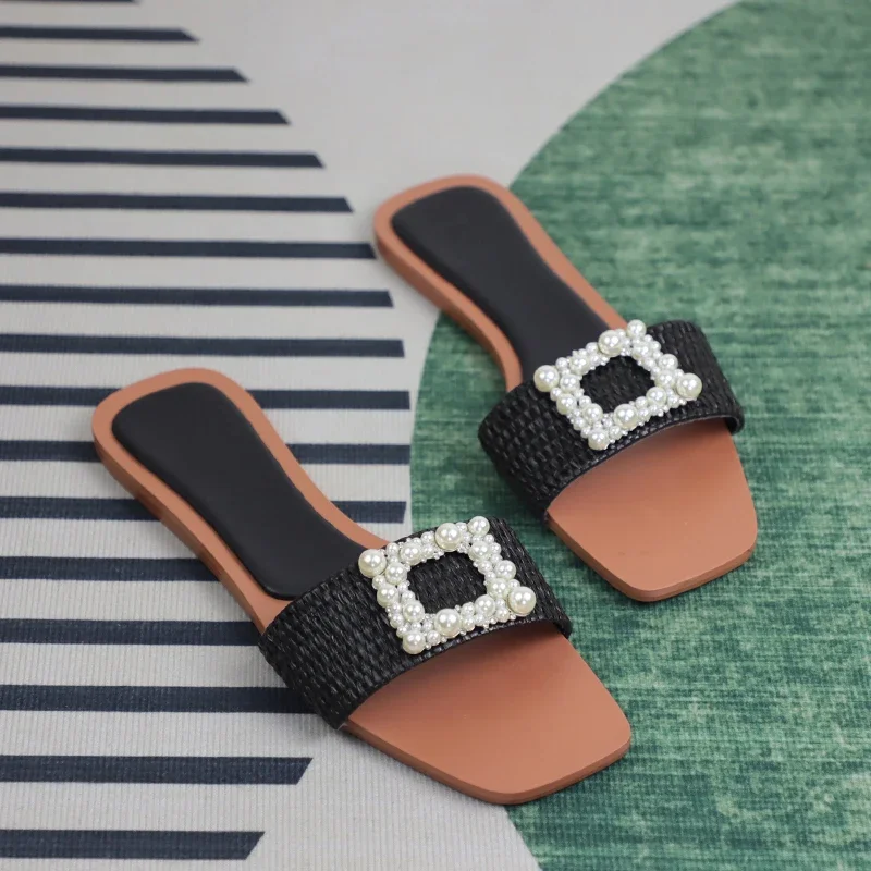 Casual Women\'s Slippers Fashion Flat Pearl Ladies Flip Flops Travel Beach Slides with Square Buckle Design Summer Woman Shoes