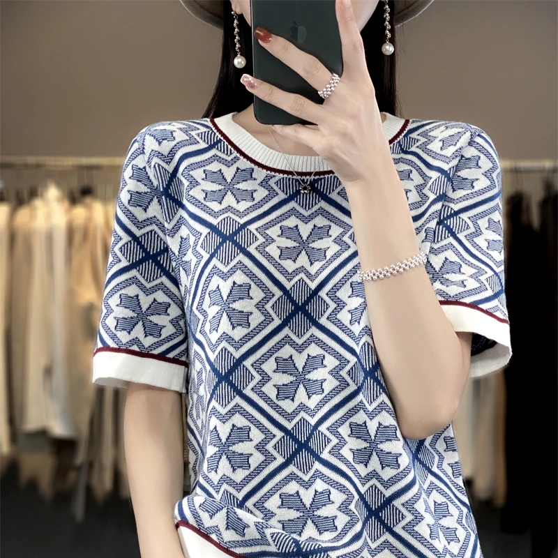 

2023 Summer New Cotton Short Sleeve Sweater Women Knitted Round Neck Color Matching Half Sleeve T-shirt Loose Top Women