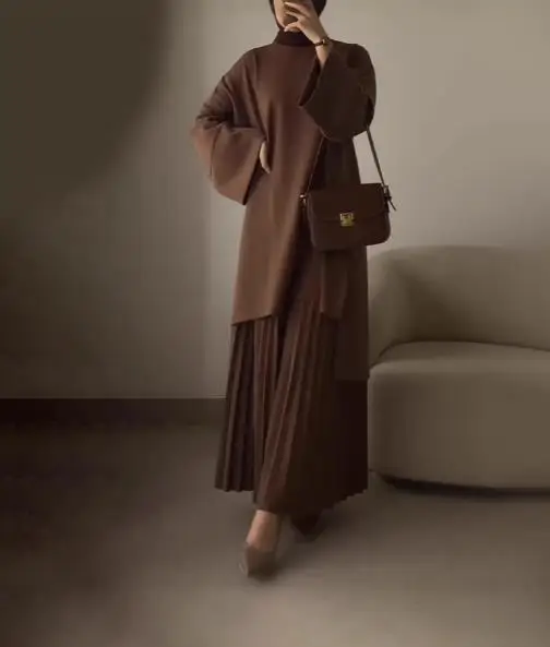 

Autumn Round Neck Loose Casual Top and Retro Style Pleated Skirt Set for Women, Solid Color Casual Loose Long Skirt 2-Piece Set