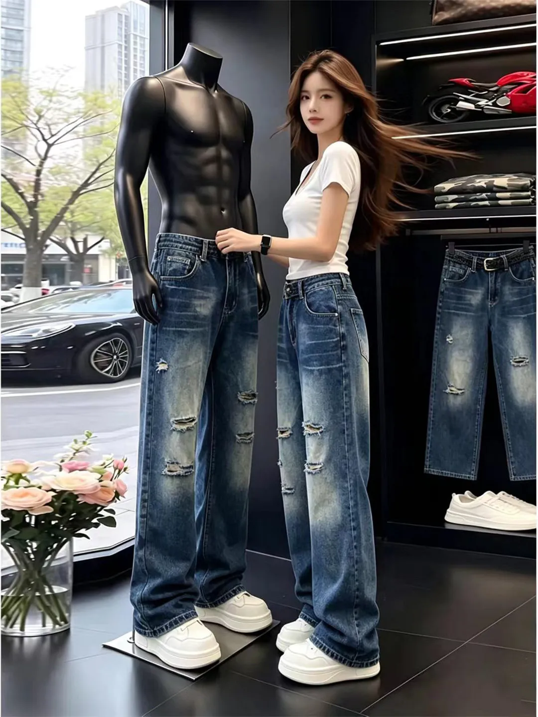 Blue Washed Hole Denim Jeans Men's Style Autumn Fashion High Street Knife  Pants Micro Flared Straight Leg Jeans