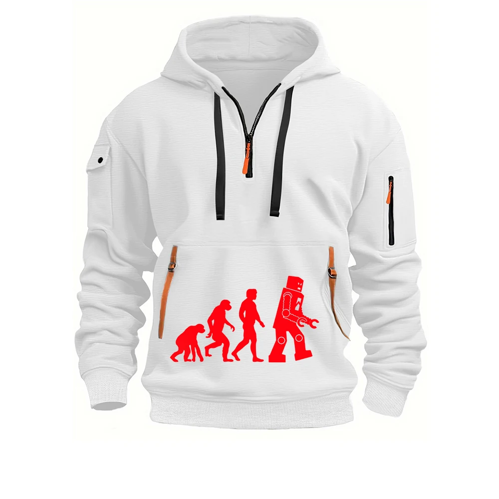 Sweat à capuche confortable à température constante pour homme, collection Printemps-Automne 2026, avec logo amusant imprimé sur le thème Evolution et cordon de serrage