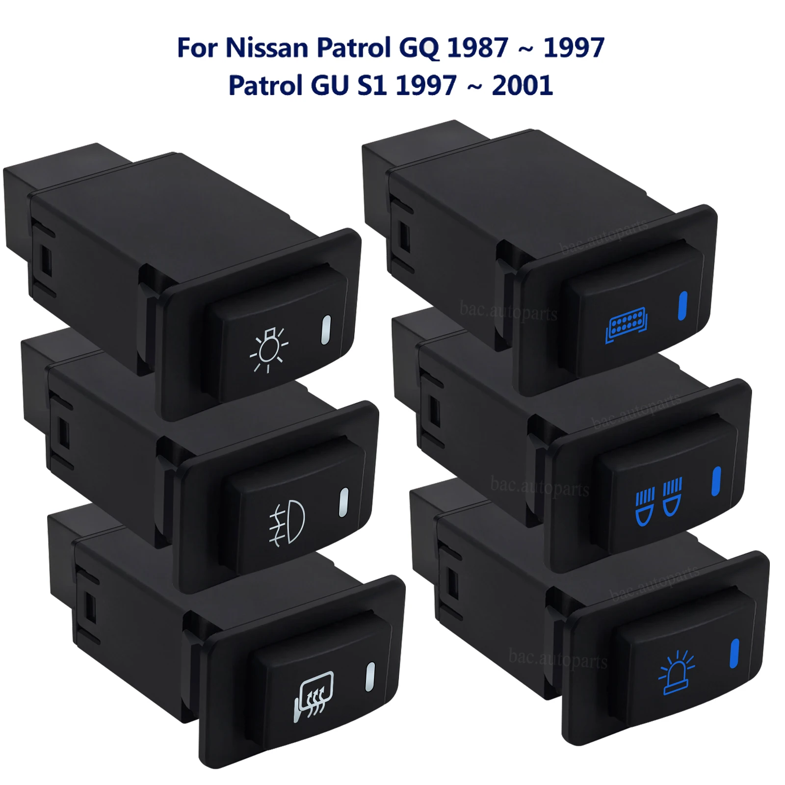 12V Car Push Button Rocker Switch with LED Light Bar Blue On-Off for Nissan Patrol GQ GU 1987-2001 Fog Light DRL Mirror Heating