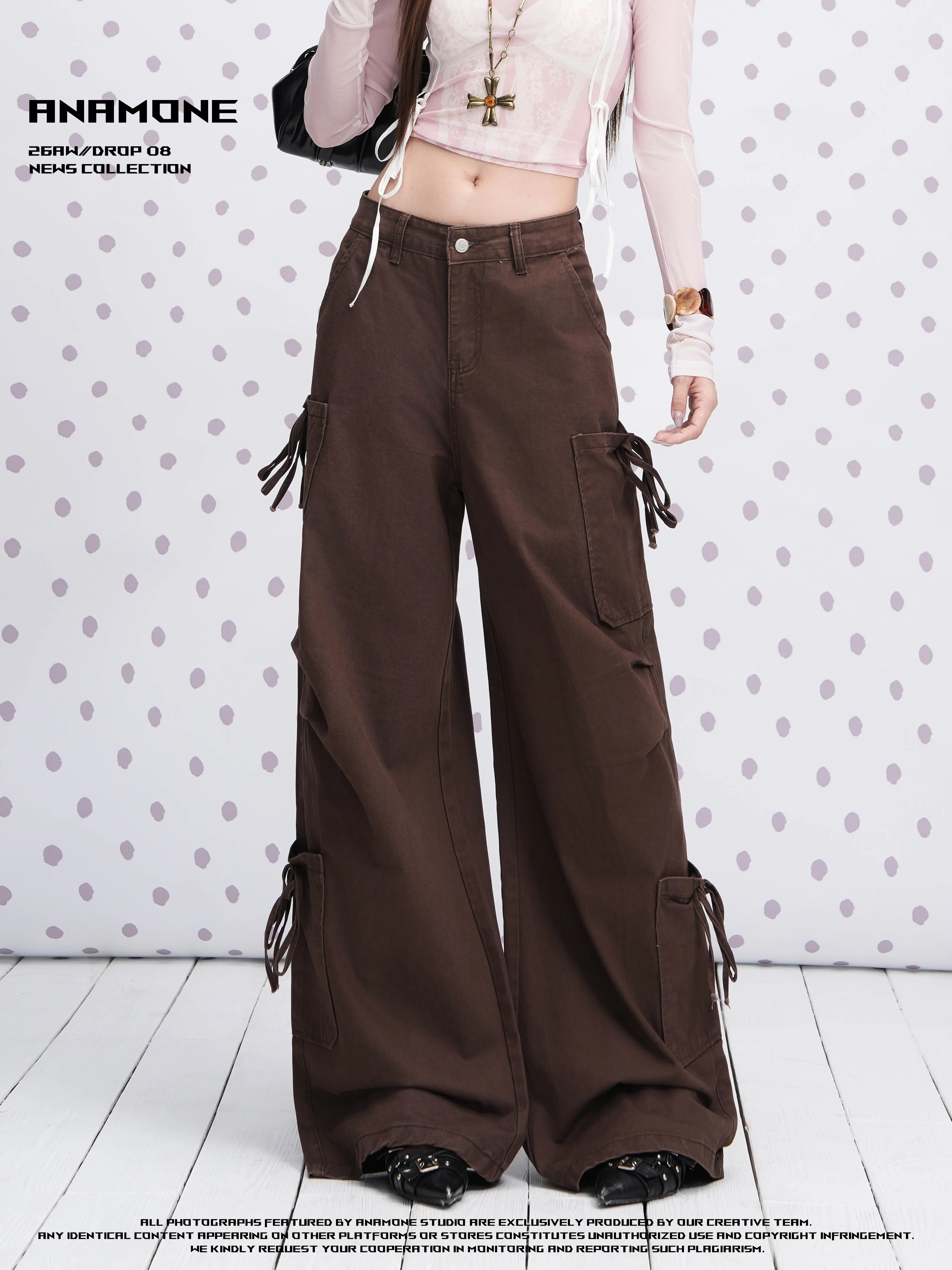 ANAMONE Workwear Denim Pants Women's Autumn 2026 Wide Leg Pants  Knot Tie Waist Casual Loose Fit Blue Jeans