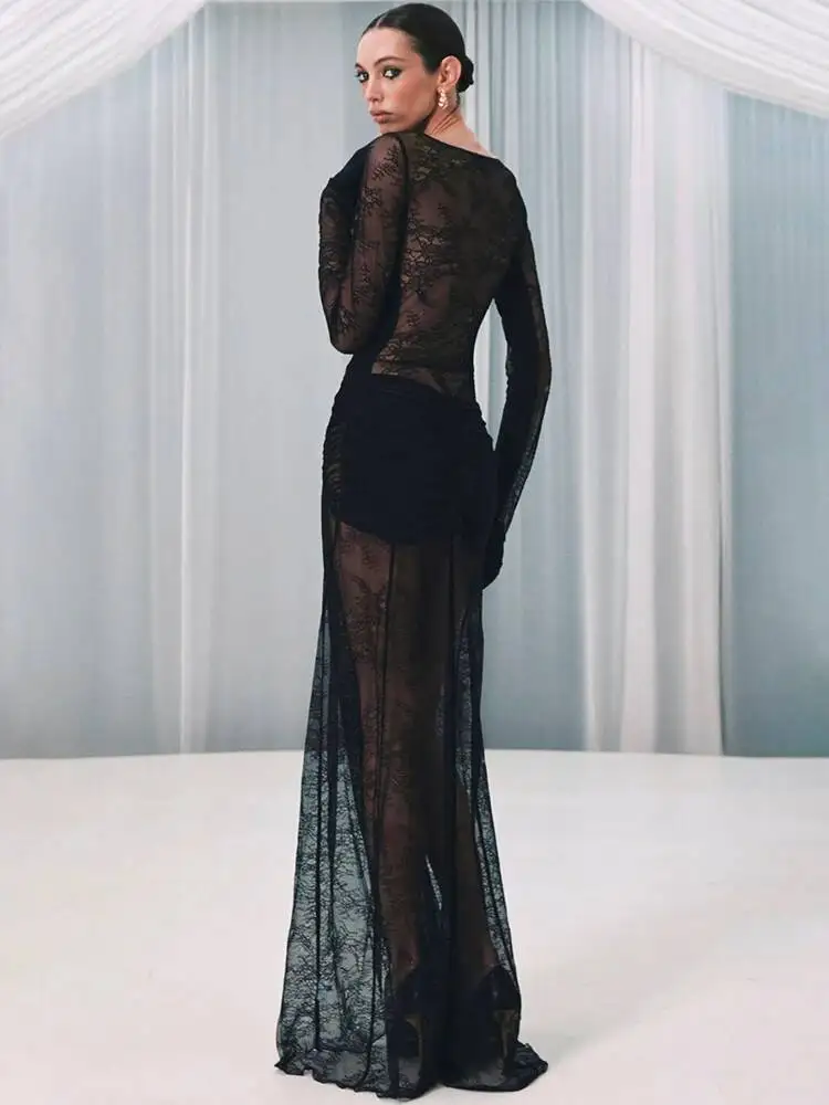 Blifanbo Kant Zien Door Sexy Maxi Jurk Vrouwen Jurk Elegante V-hals Lange Mouw Bodycon Patchwork Club Party Lange Jurk Mode