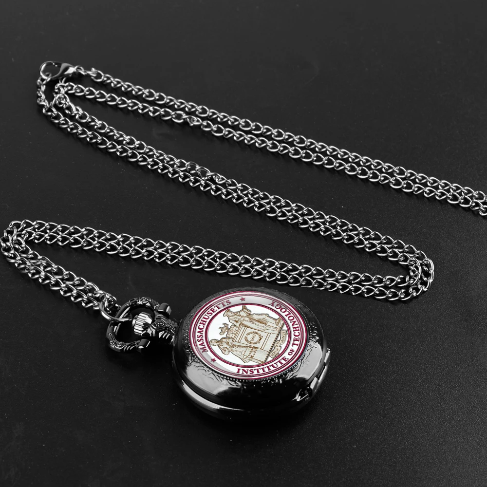 Massachusetts Institute of Technology Logo Quartz Pocket Watch with Chain Necklace Vintage Collection Gifts for Men Women