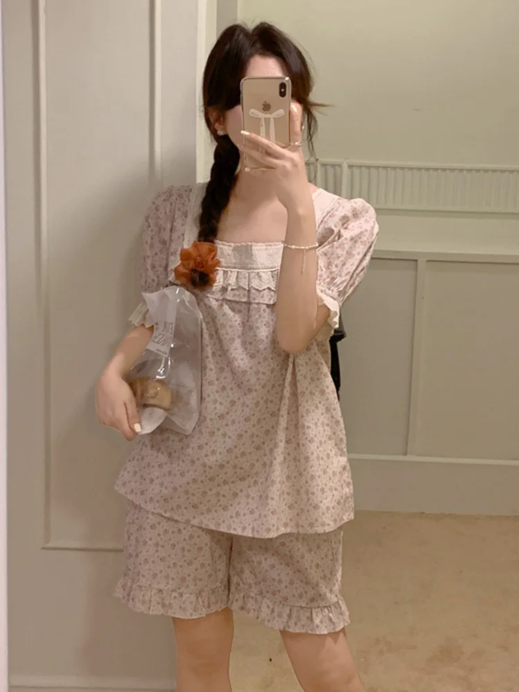 Ensemble de pyjama à manches bouffantes en dentelle florale pour femmes, pyjama coréen doux, manches courtes, imprimé princesse, sommeil élégant, nouveau, été