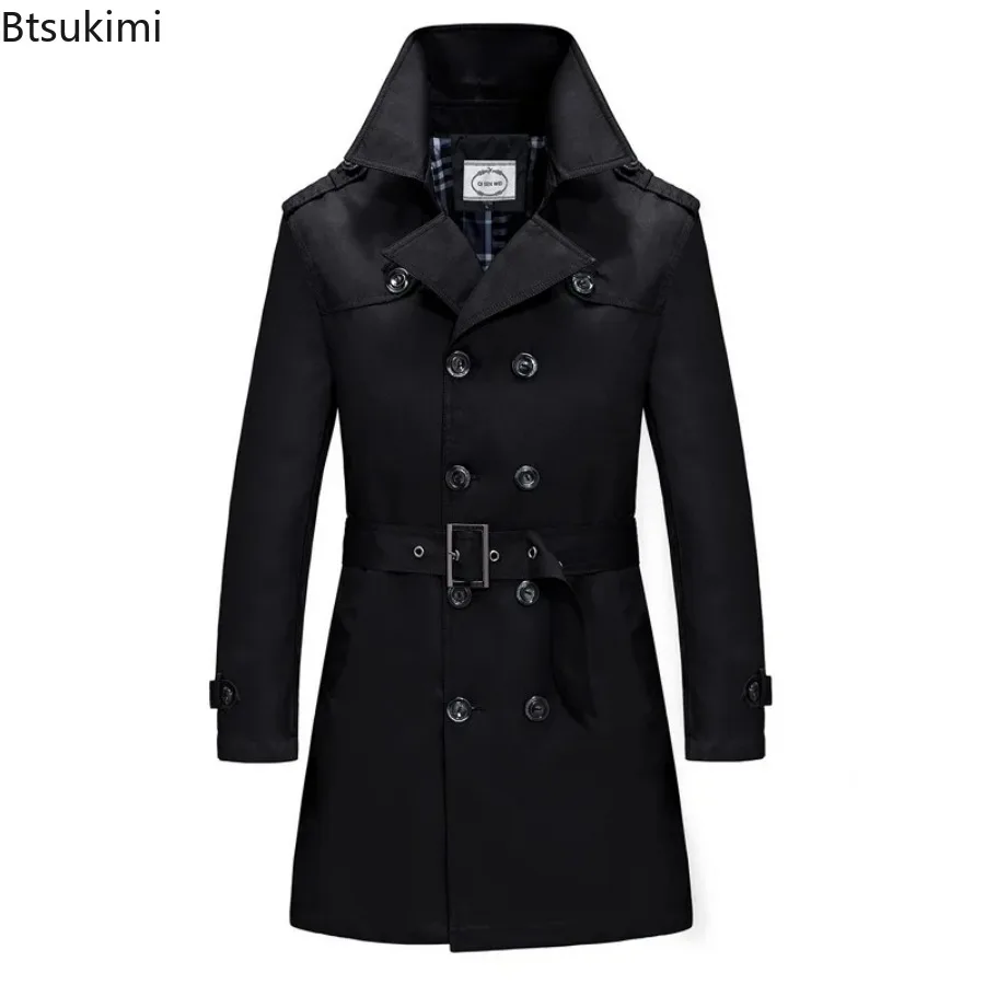 2024 Herren lange Trenchcoat Mäntel Frühling Herbst britischen Stil Business Office Trench Herren solide schlanke Zweireiher Jacke