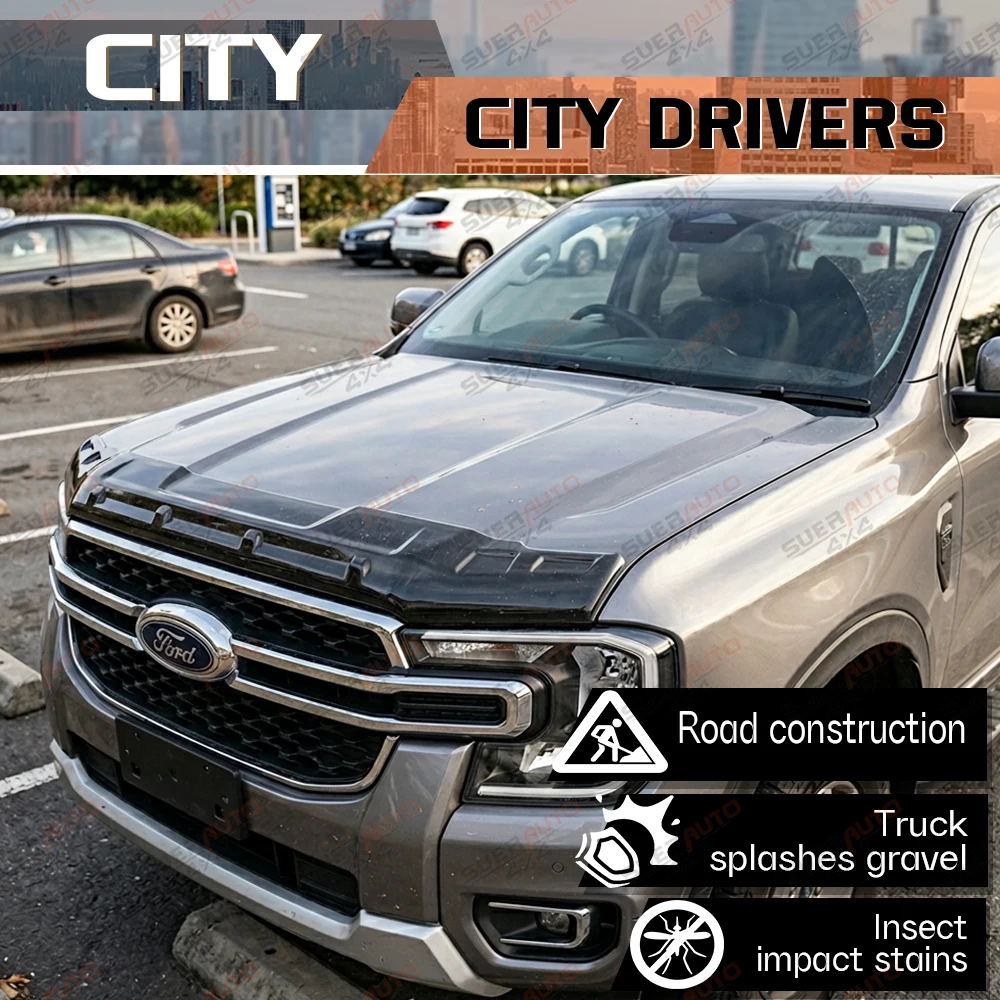 Bonnet Guard For Ford Ranger Next Gen T9 2023 2024 2025 2026 Front Stone Deflector Hood Pickup ABS Matte Black Body Kits