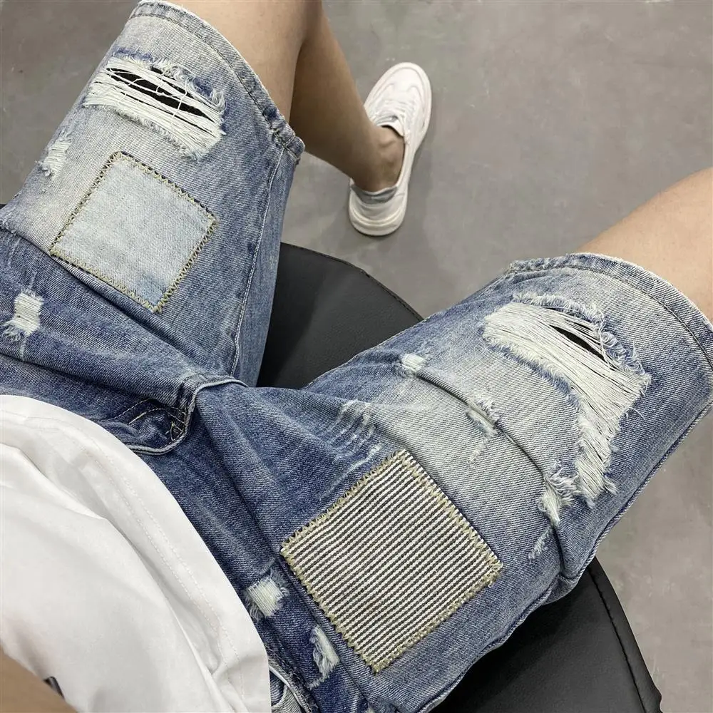 

Fashion Korean Style Clothes Knee Length Casual Jeans with Summer Holes for Men Streetwear Luxury Brand Boyfriend Short Pants