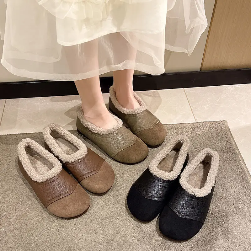 Casual ผู้หญิงรองเท้าฤดูใบไม้ร่วงฤดูหนาวรองเท้ารอบ Toe All-Match Soft Loafers ขนสัตว์หญิงรองเท้าใหม่สบายรองเท้าผ้าฝ้าย