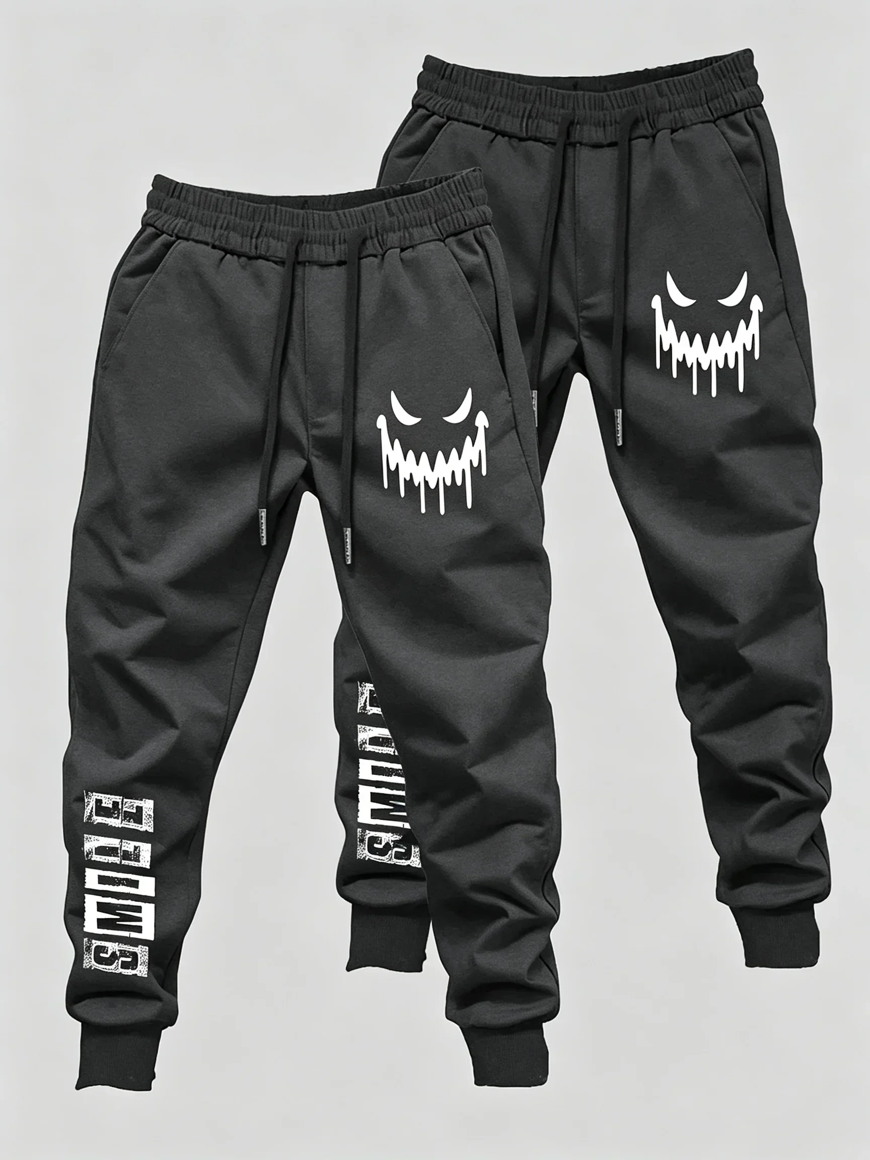 2er-Pack Herren-Freizeit-Jogginghosen mit gruseligem Dämonengesicht-Motiv, elastischem Bund, gerippten Bündchen an den Knöcheln, Streetwear, Lauf- und Fitnesshosen – Detail 14