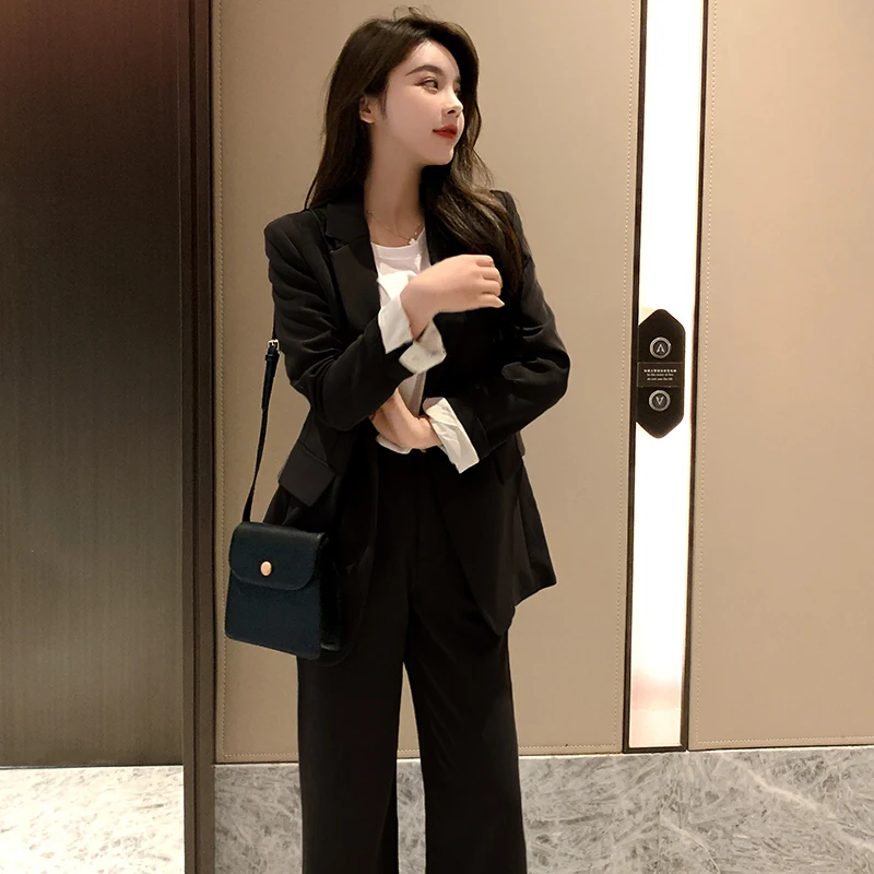 

Women's Retro Casual Cropped Blazer Wide-leg Pants Set Commuting Solid Color Loose Single-breasted Suit Trousers Two-piece Sets