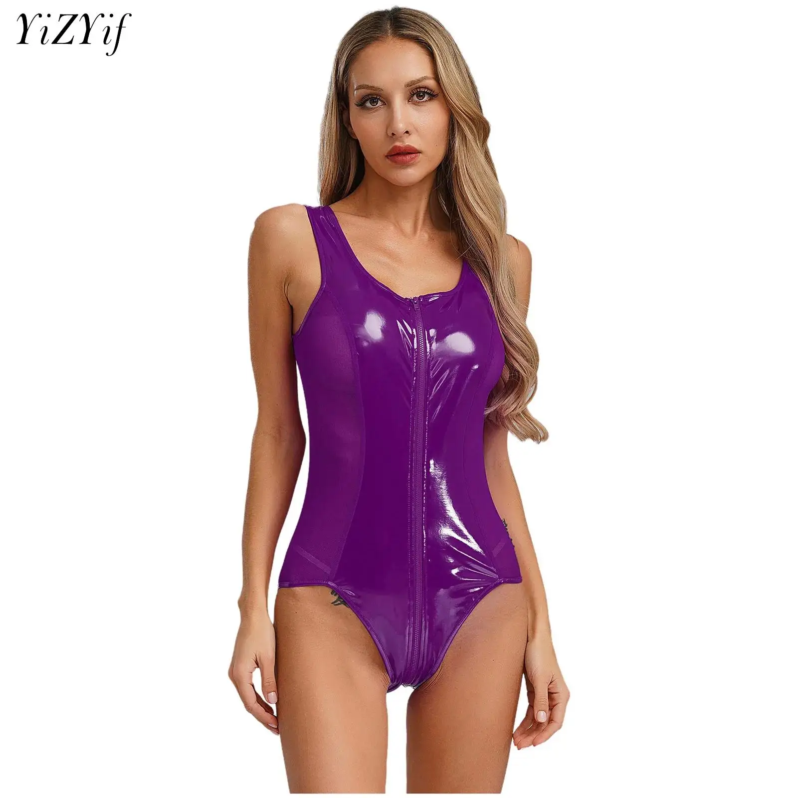 

Sexy Uniform Women Patent Leather Bodysuit PU High Cut Shiny Glossy Tank Leotard Tights Shaping Party Nightclub Wear