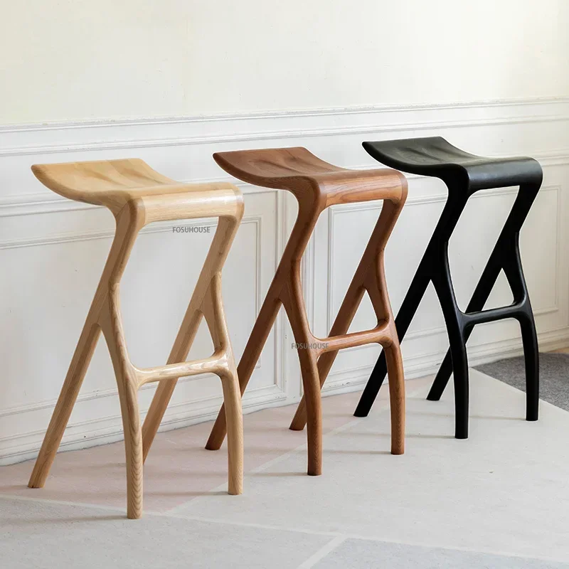 Nordic Modern Solid Bar Chair Wood Stool Creative Dining Chair Design Wooden Leisure High-foot Chaises Salle Manger Furniture WZ