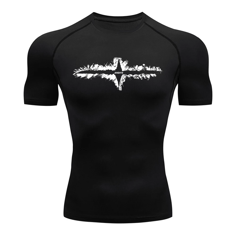 Men's Compression T-Shirt With Cross Feather Line Print Stretchy Quick Drying Short Sleeve For Daily Wear Fitness And Cycling