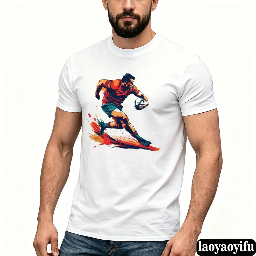 Dynamic Rugby Player Running Action Motion Art Men Athletic Sport T Shirt Competitive Rugby Fan Graphic Tees Game Day Wear