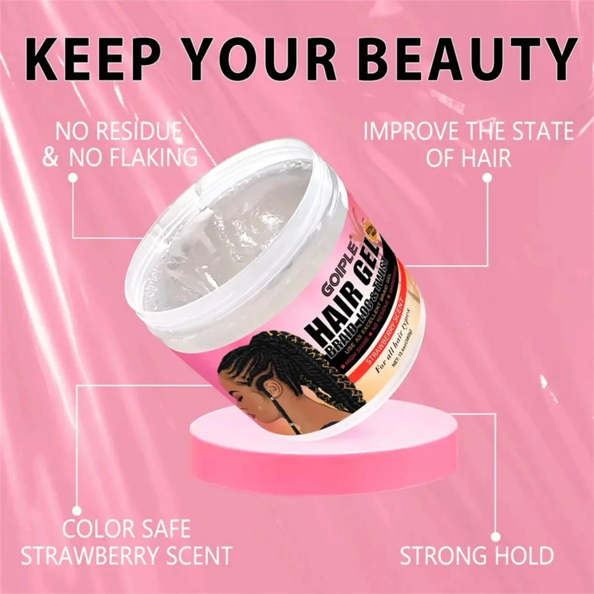 Extreme Hold Hair Gel Strawberry Non-Sticky Hair Wax,All Day Styling Braid Gel for Smooth Out Edges and Frizz with Comb Nightcap