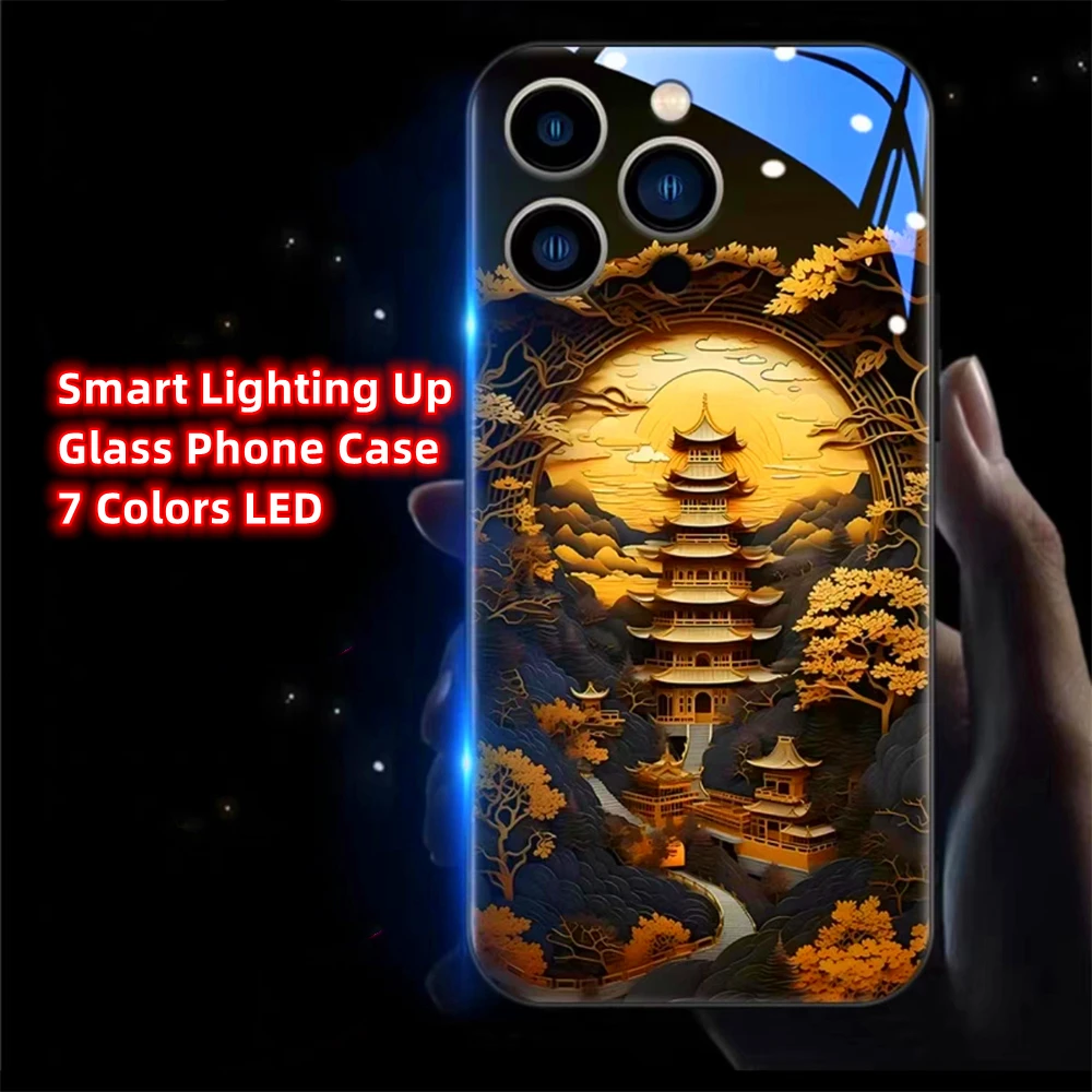 

Luxury Platinum Landscape Smart LED Light Glowing Glass Phone Case For iPhone 15 14 13 12 11 Pro Max XR XS Plus 6 7 8 SE2020