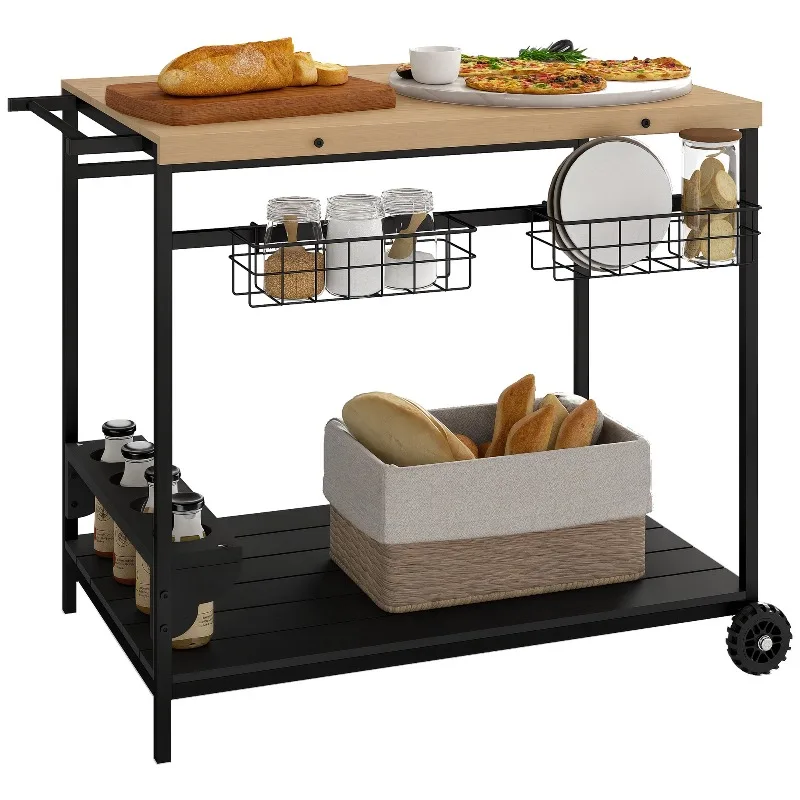 

Outdoor Bar Cart 2 Tier Wood and Metal Serving Cart with Wine Bottle Holders and Baskets Natural Black for Patio Kitchen Garden