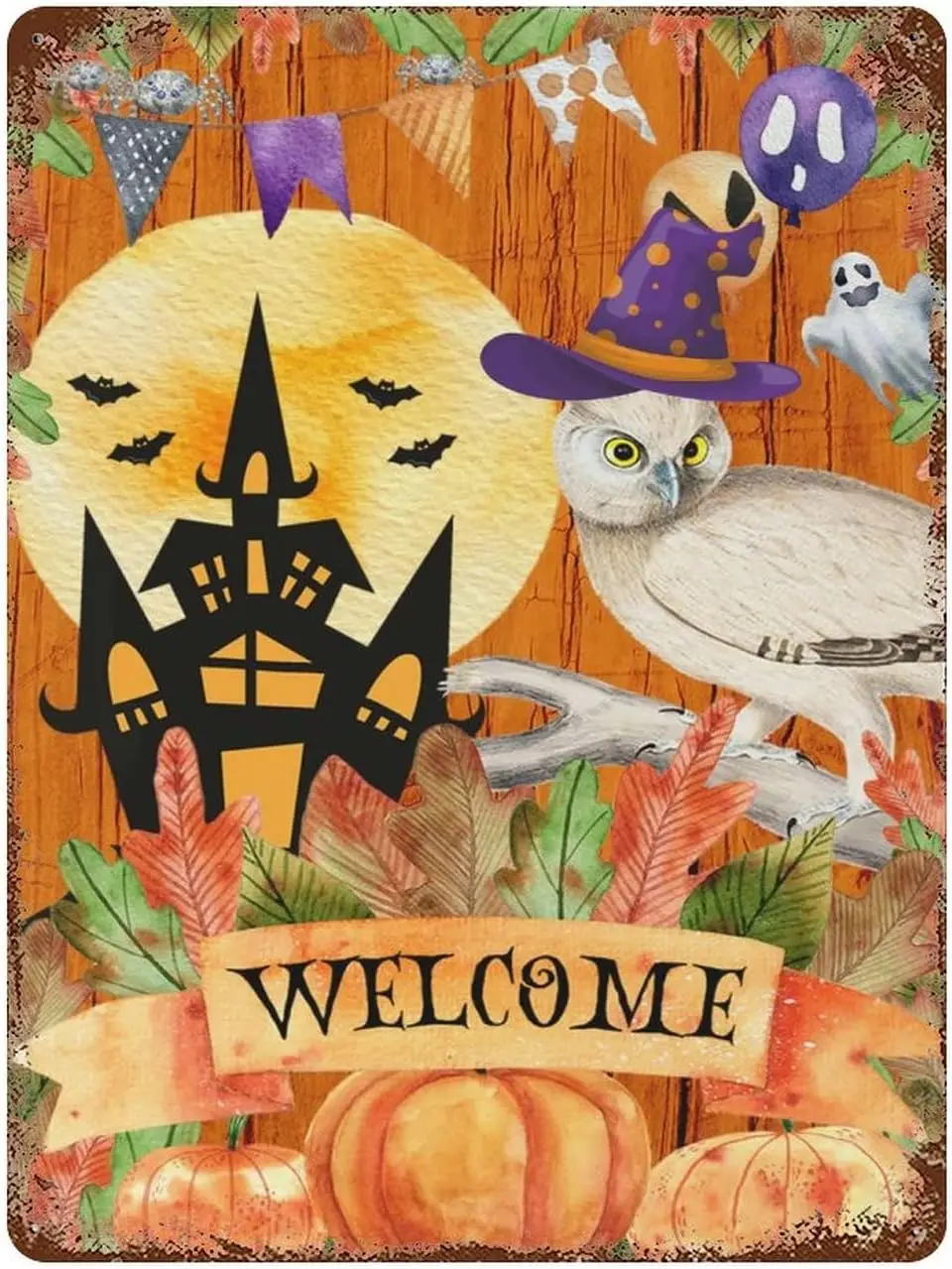 Custom Metal Sign Welcome Halloween Pumpkin Owl Witch Hat Hunted House Tin Rustic Decorations Art