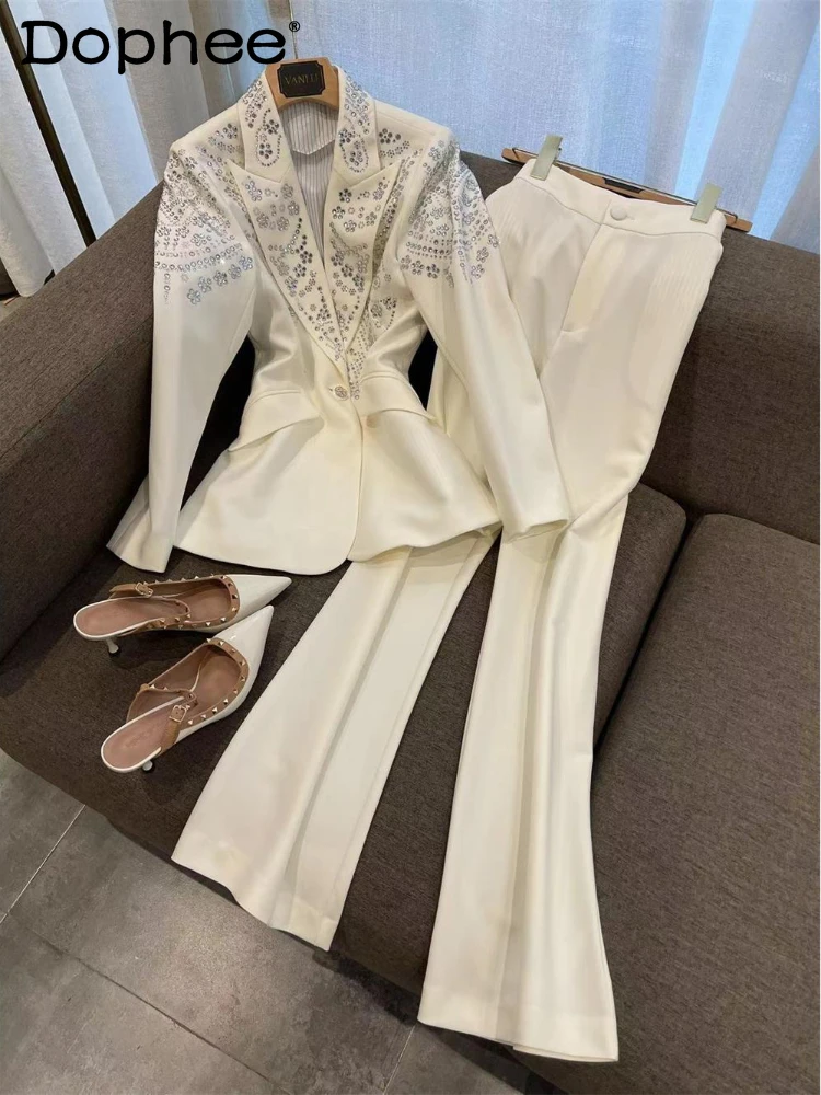 

Solid Color Pant Suits Women Spring and Autumn New Rhinestone Beaded Waist Tight Suit High Waist Wide Leg Pants Suit Office Lady