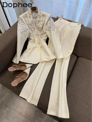 Solid Color Pant Suits Women Spring and Autumn New Rhinestone Beaded Waist Tight Suit High Waist Wide Leg Pants Suit Office Lady