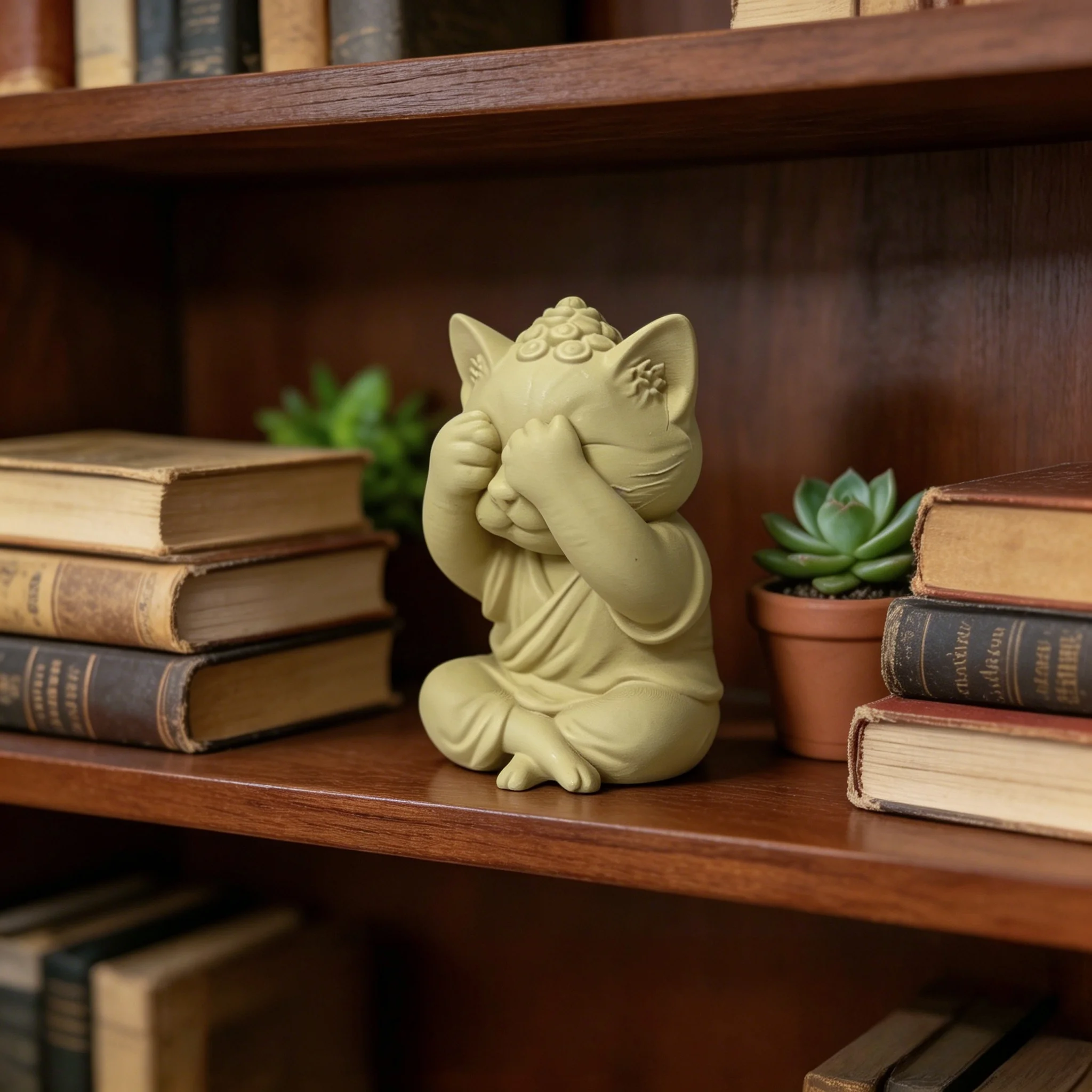 See No Evil Buddha Cat Figurine, Zen Meditating Cat Statue, Modern Home Decor for Living Room Office Tea Table Cat Lovers