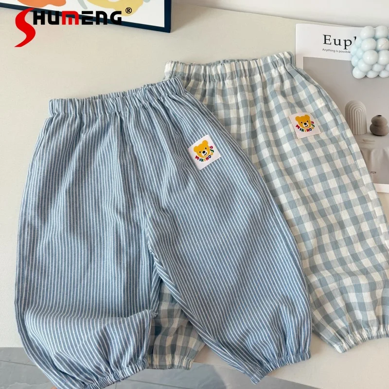 

Детские брюки с аппликацией в виде милого медведя, на эластичной резинке, для мальчиков и девочек, хлопковые, в полоску и клетку, свободные, фасона «фонарики», повседневные штаны для малышей