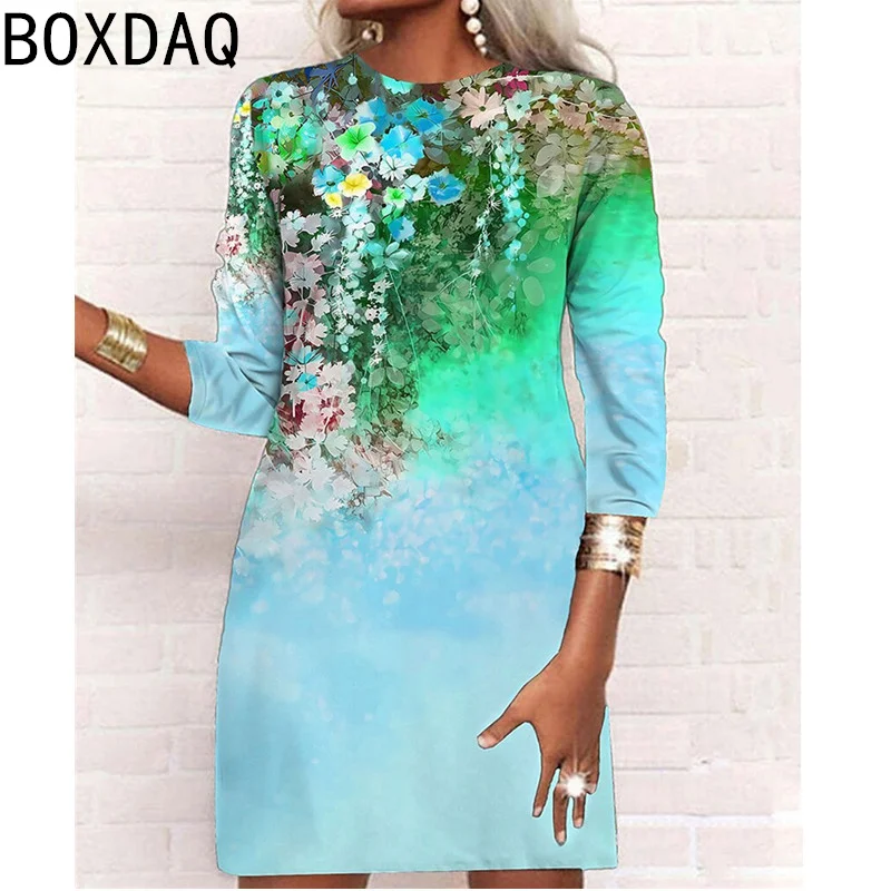 Fashion Colorful Gradient Print Dress 6XL Big Size Women Spring Long Sleeve O-Neck Casual A-Line Dress Vestidos