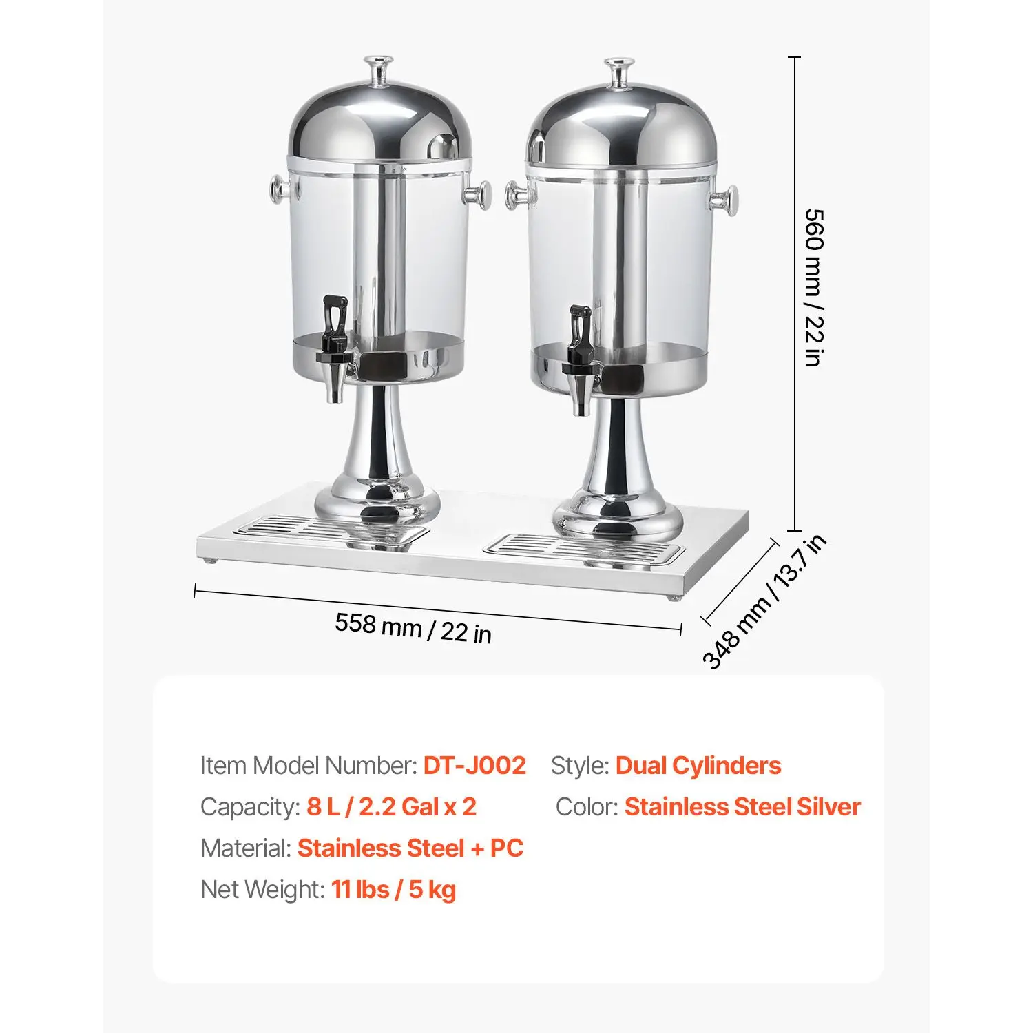 Beverage Dispenser, 2.1 Gallon x 2 Drink Dispenser for Parties, Stainless Steel + Plastic Juice Dispensers with Spigot Ice Chamber Tray, Iced Tea Lemonade Dispensers, for Restaurants, Hotels