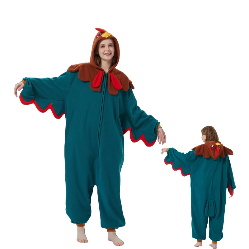 Zipper Green Rooster Adult Animal Kigurumi Fleece Onesie Pajamas Masquerade Cartoon Costume Halloween Party Cosplay Jumpsuits