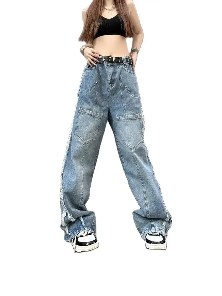 

Harajuku Streetwear Retro Fashion Women High Waist Tassel Jeans Loose Wide Leg Straight Loose Denim Trousers Y2K Baggy Pants