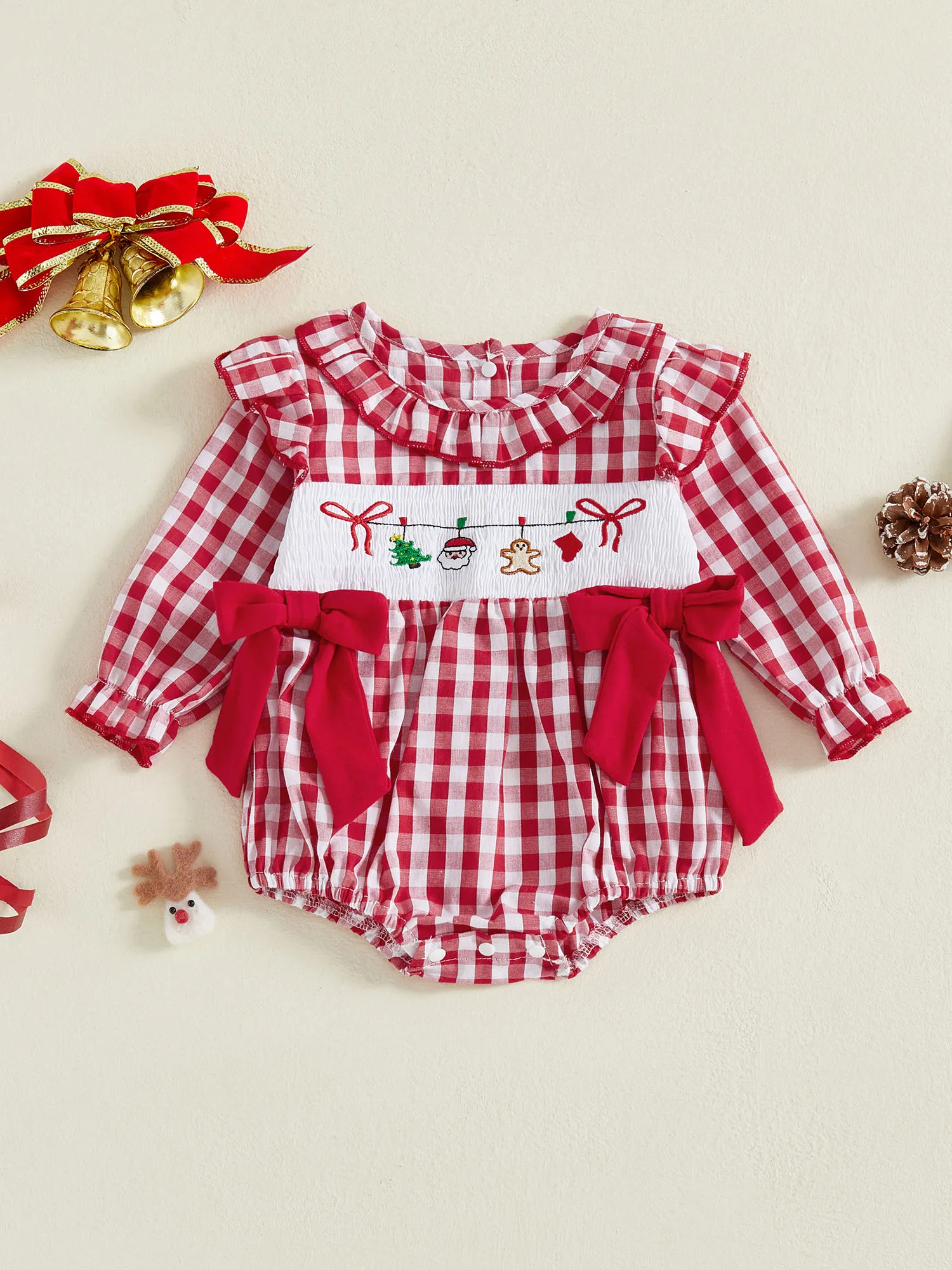 

Toddler Girl Tartan Checkered Overall Dress Stylish Holiday Season Festive Embroidered Smocked Sleeved Romper with Ruffles