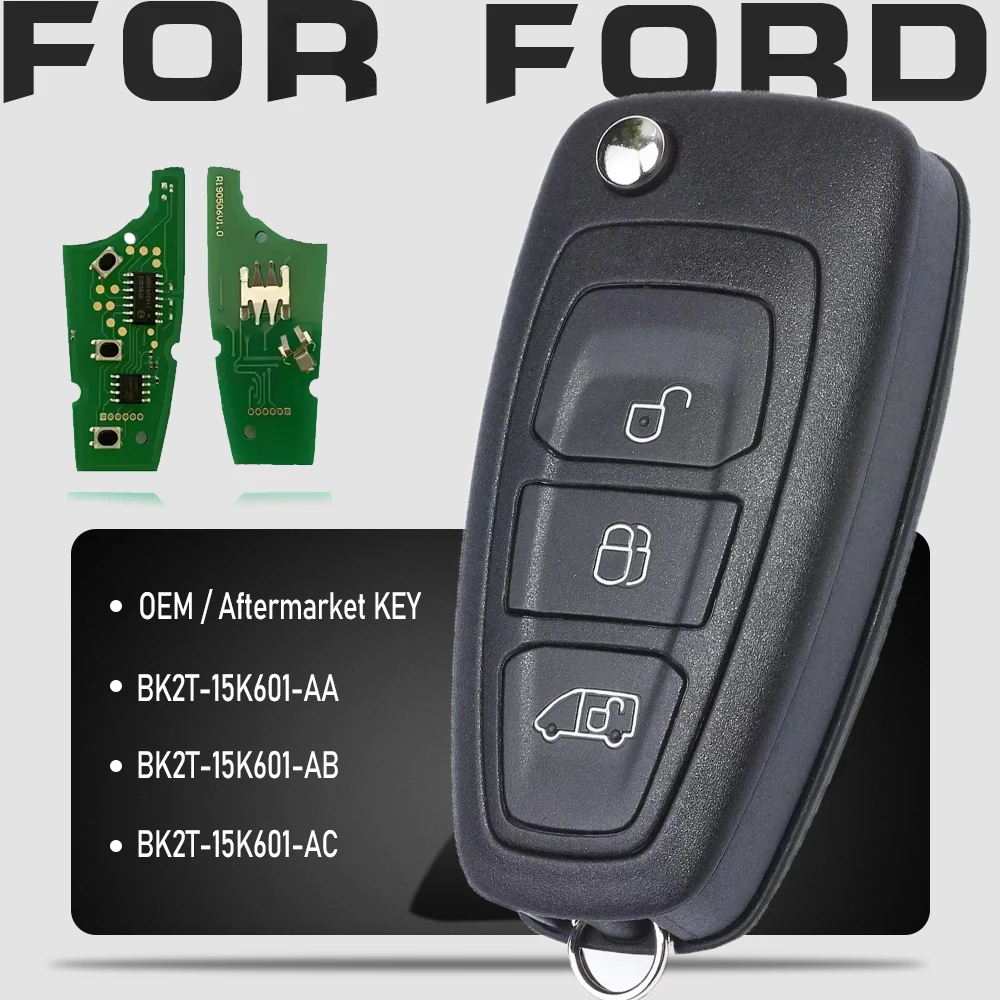 

KEYECU OEM BK2T-15K601-AA AB AC Flip Remote Control Key With 3 Buttons 433MHz 63 Chip for Ford Transit/ Transit Custom 2012+ Fob