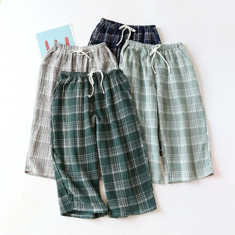 New Spring and Summer Men's Sleeping Pants 100% Cotton Capri Pants Large Loose Half Pants Breathable Air Conditioning Home Pants