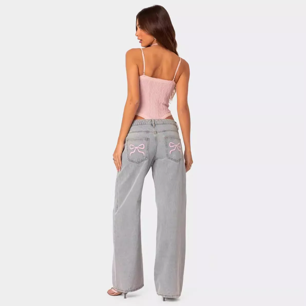 Spring 2025 women's bow ballet style embroidered denim wide leg pants washed and worn pants