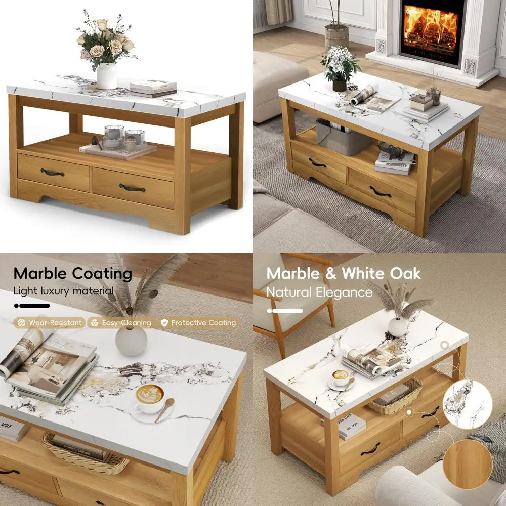 

Современный двухуровневый прямоугольный деревянный журнальный столик из искусственного мрамора с ящиками для гостиной и конференц-зоны