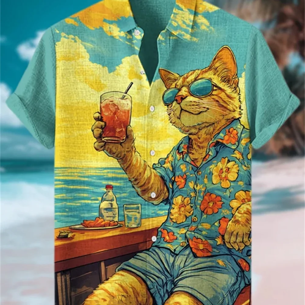 

Men's Classic Cat Print Linen Short Sleeve Shirt Outdoor Leisure Vacation Button up Fashionable Social Party Clothing