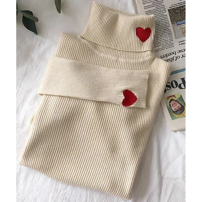 HELIAR Women Turtleneck Knit Warm Sweaters Heart Embroidered Pullover Slim Bottoming Causal Sweater For Women 2024 Fall Winter