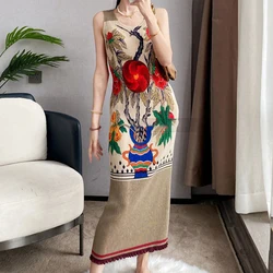 2023 Summer Minimalist Printed Dress Women's Sleeveless Pleated Tank Top Skirt High end  vintage dress