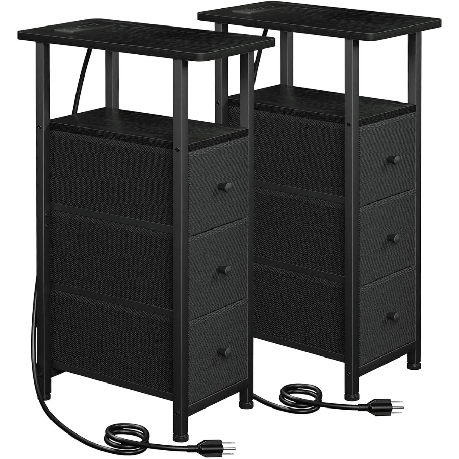 

Узкие торцевые столики для гостиной, набор из 2 шт. с зарядной станцией для небольших помещений. Тонкий приставной столик с тканевыми ящиками и встроенным U-образным вырезом.