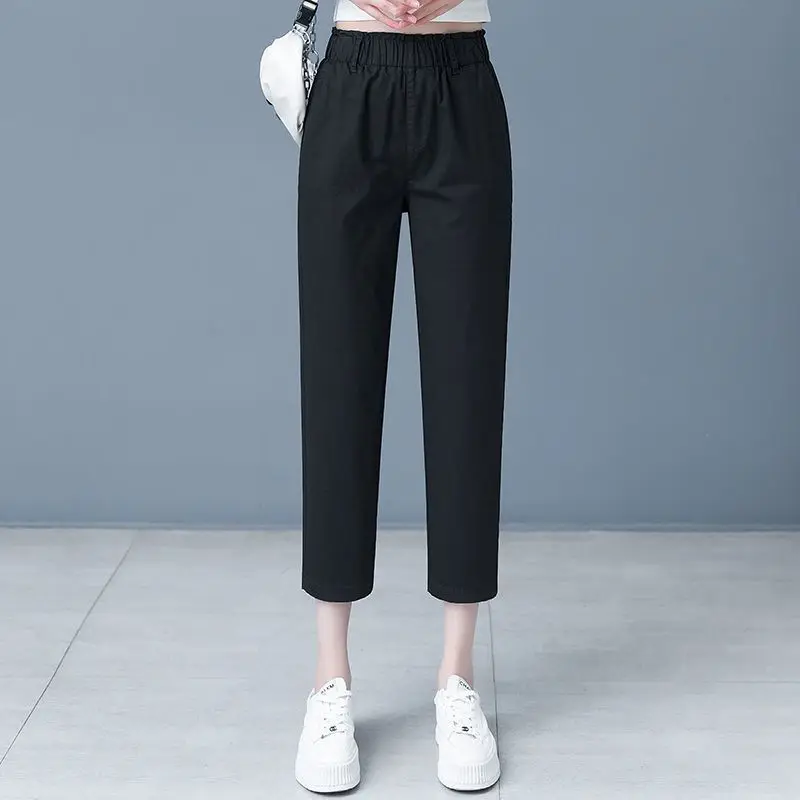 

Women Pants Capris 2024 New Summer Korean Style Pocket Solid Color Ladies Casual Streetwear Elastic High Waist Harem Pants