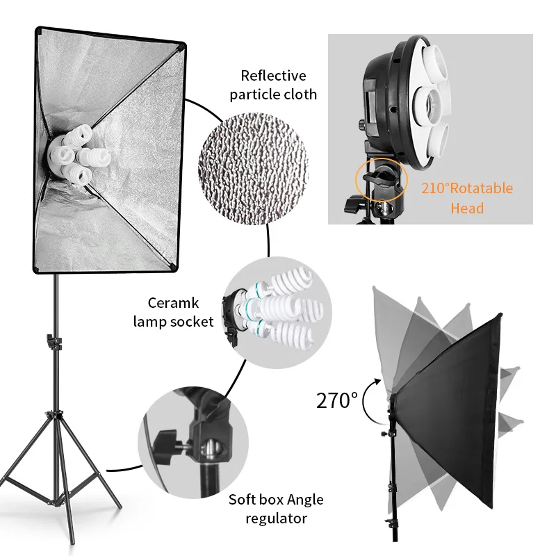 New 9pcs Bulb Four Lamp Holder Photographic Softbox Photo Studio Continuous Lighting System Kits 20/30/40W Photography Soft Box