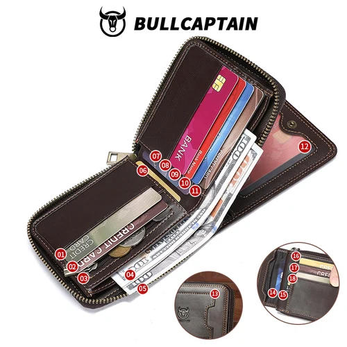 Imagen 2 del producto BULLCAPTAIN Cartera de cuero para hombre, bolso corto de cuero con múltiples tarjetas, cartera de cuero para hombre, carteras para hombre con bloqueo rfid